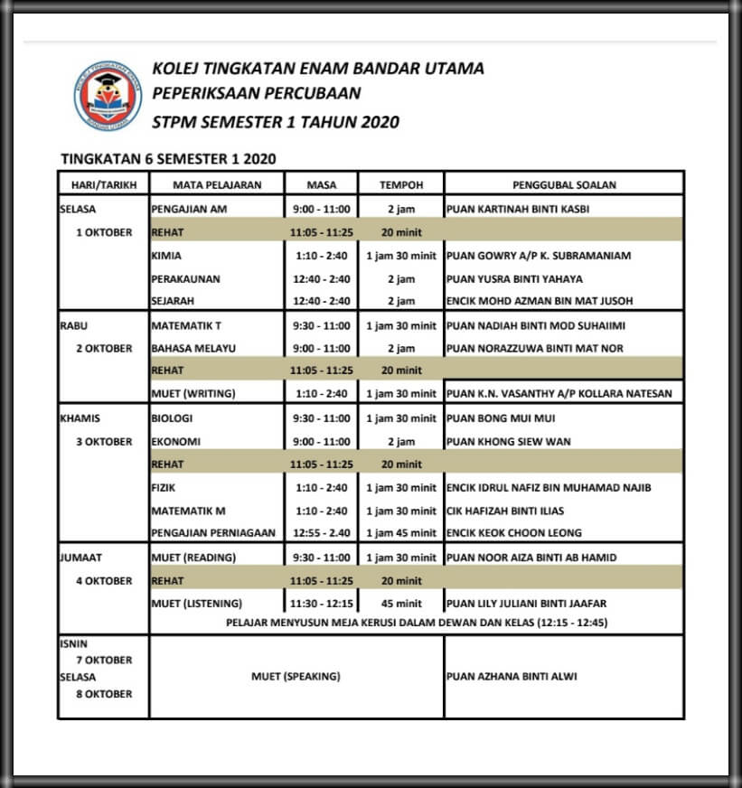 Jadual Peperiksaan Percubaan STPM S3 2020 S1 2020  